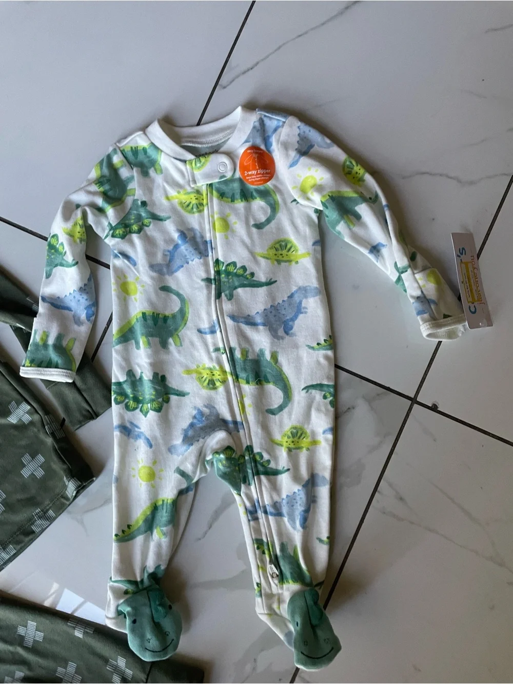 Carter's White Footed One-Piece Pajamas with Green and Blue Dinosaurs